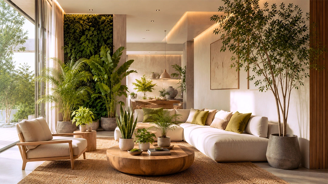 Salón minimalista con diseño biofílico integrado, plantas de interior, madera y materiales naturales