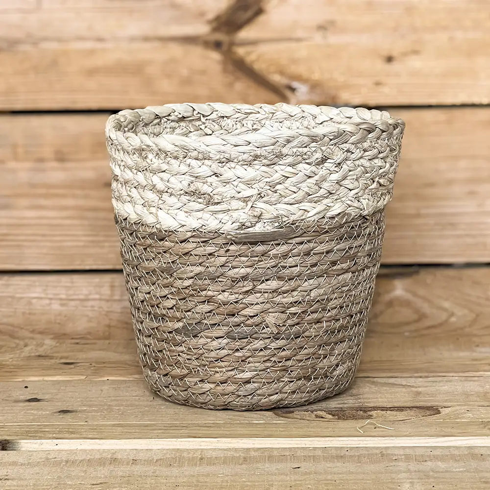 Macetero de anea y maíz natural con un acabado trenzado y tonos neutros que aportan calidez y un toque rústico a la decoración de tu hogar. Su diseño natural es perfecto para vestir tus plantas y crear ambientes acogedores.